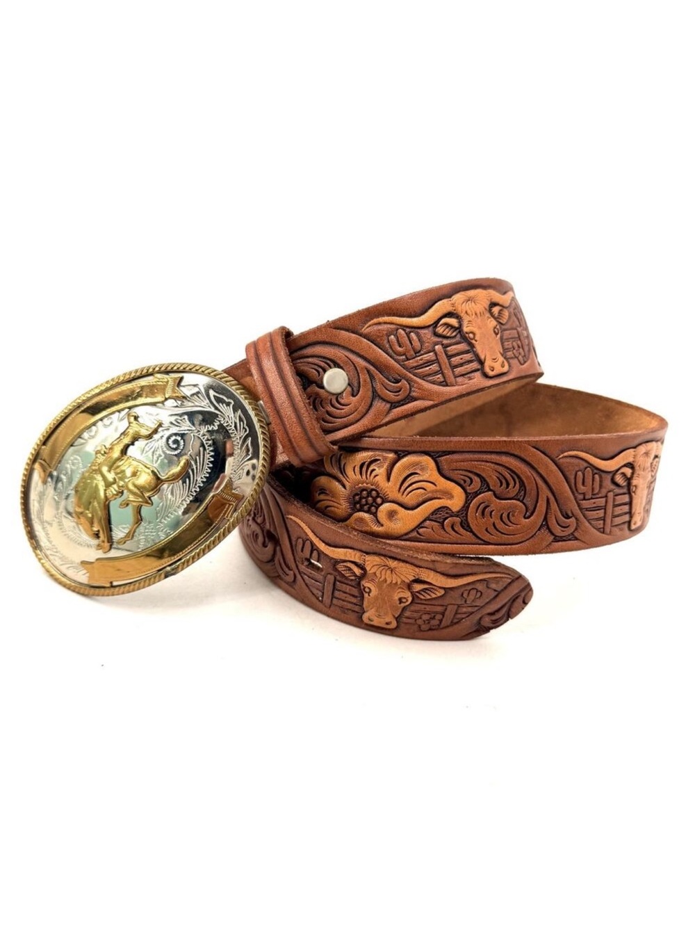 Vintage Chambers Tooled Leather Western Belt German Silver Buckle Unisex 34"